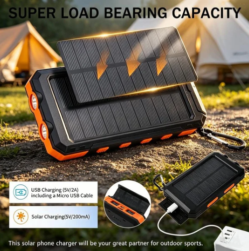Portable Solar Power Bank, Solar Powered Charger with Dual LED Flashlights, Power Bank for Travel, Camping