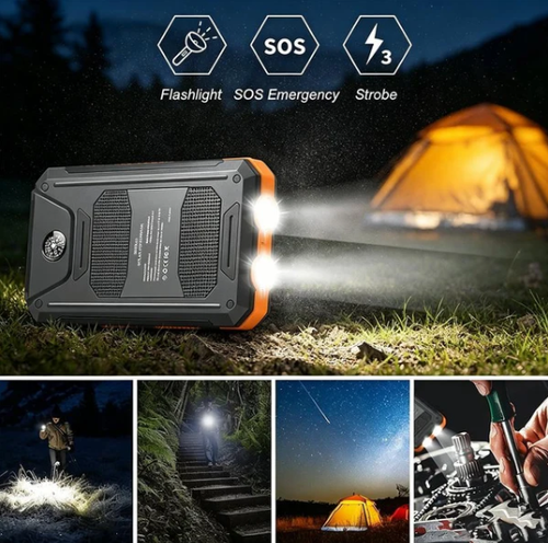 Portable Solar Power Bank, Solar Powered Charger with Dual LED Flashlights, Power Bank for Travel, Camping