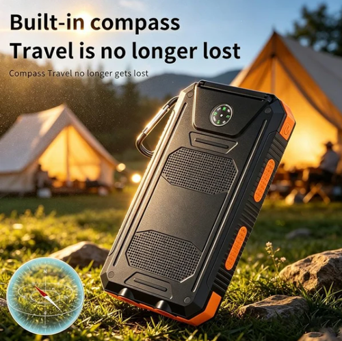 Portable Solar Power Bank, Solar Powered Charger with Dual LED Flashlights, Power Bank for Travel, Camping
