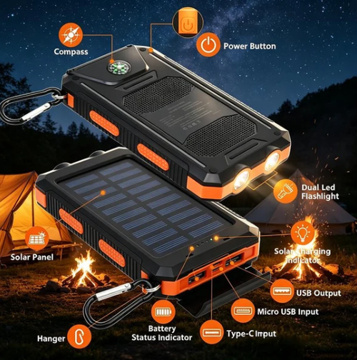 Portable Solar Power Bank, Solar Powered Charger with Dual LED Flashlights, Power Bank for Travel, Camping