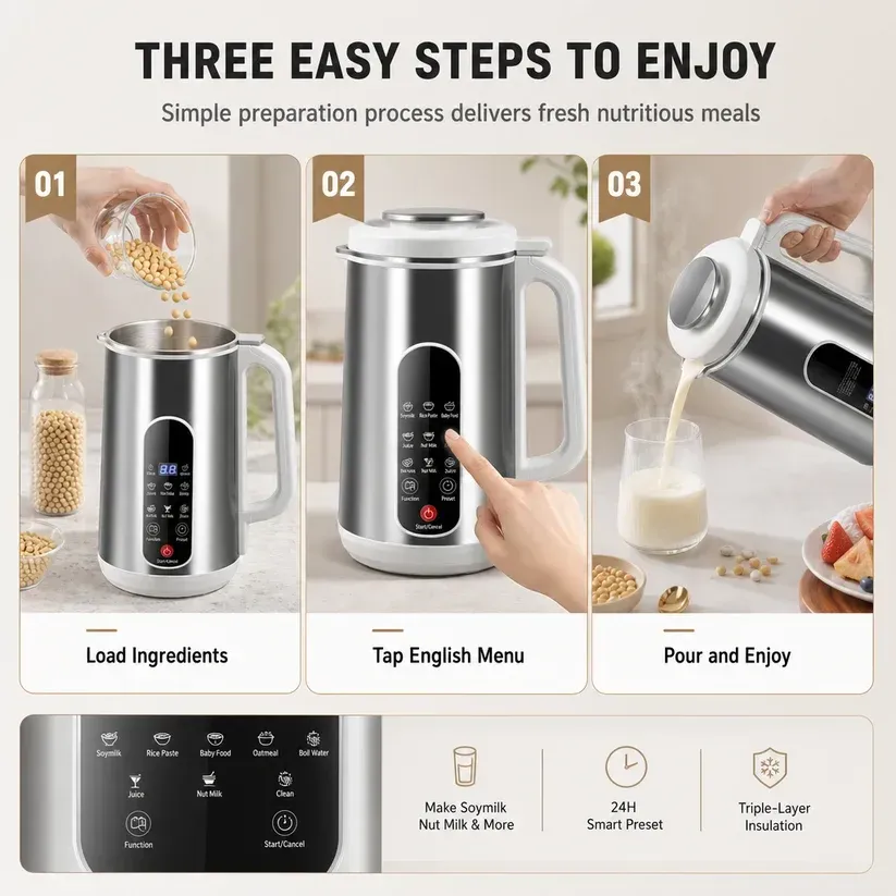 Multi-Functional 304 Stainless Steel Soy Milk Maker and High- Blender Large Capacity Filter-Free Household Food Processor with Smart Timer