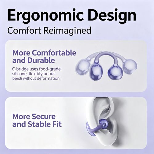 Open-ear Bluetooth earbuds featuring noise-cancellation and long battery life a clip-on style designed for gaming and sports.
