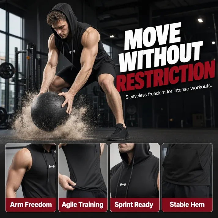 Men's Athletic Sleeveless Hoodie Vest – Maximum Mobility & Lightweight Breathable Fabric