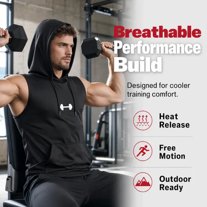 Men's Athletic Sleeveless Hoodie Vest – Maximum Mobility & Lightweight Breathable Fabric