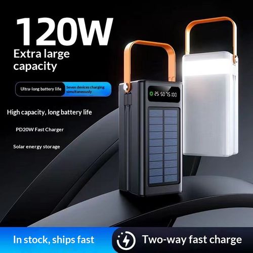 120W Fast Charging Lithium Ion External Battery Wired Solar Panel Power Bank with Solar LED Lights（50000mAh）