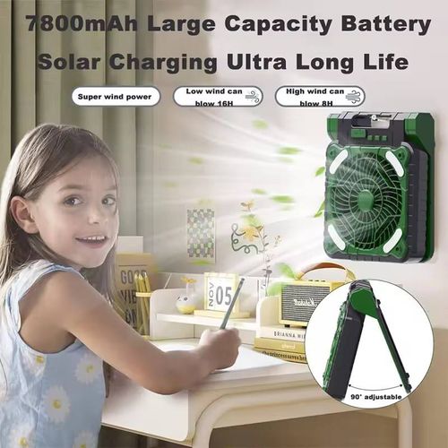 Solar-powered portable rechargeable fan for outdoor camping