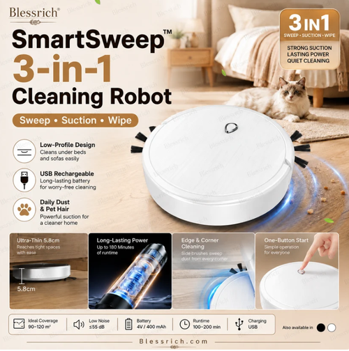 3-in-1 Robot Cleaner with Sweeping, Strong Suction & Mopping