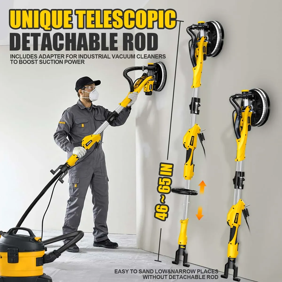1050W Electric Drywall Sander with Vacuum, 7-Speed, 2100RPM