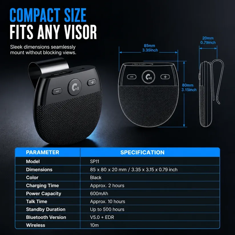 SP11 Car Sun Visor Bluetooth Hands Free Speakerphone with Vibration Activated Auto Power On A2DP Support and Caller ID Voice Prompt