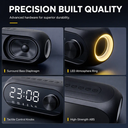 Multi‑Functional Portable Bluetooth Wireless Speaker‑ S8 Mirror Digital Alarm Clock Speaker, 360° Surround Sound Bedside Speaker with Dual Alarm & HD Mirror Display