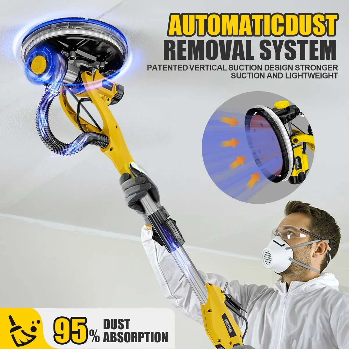 1050W Electric Drywall Sander with Vacuum, 7-Speed, 2100RPM