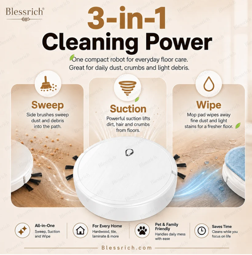 3-in-1 Robot Cleaner with Sweeping, Strong Suction & Mopping