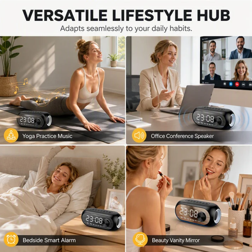Multi‑Functional Portable Bluetooth Wireless Speaker‑ S8 Mirror Digital Alarm Clock Speaker, 360° Surround Sound Bedside Speaker with Dual Alarm & HD Mirror Display