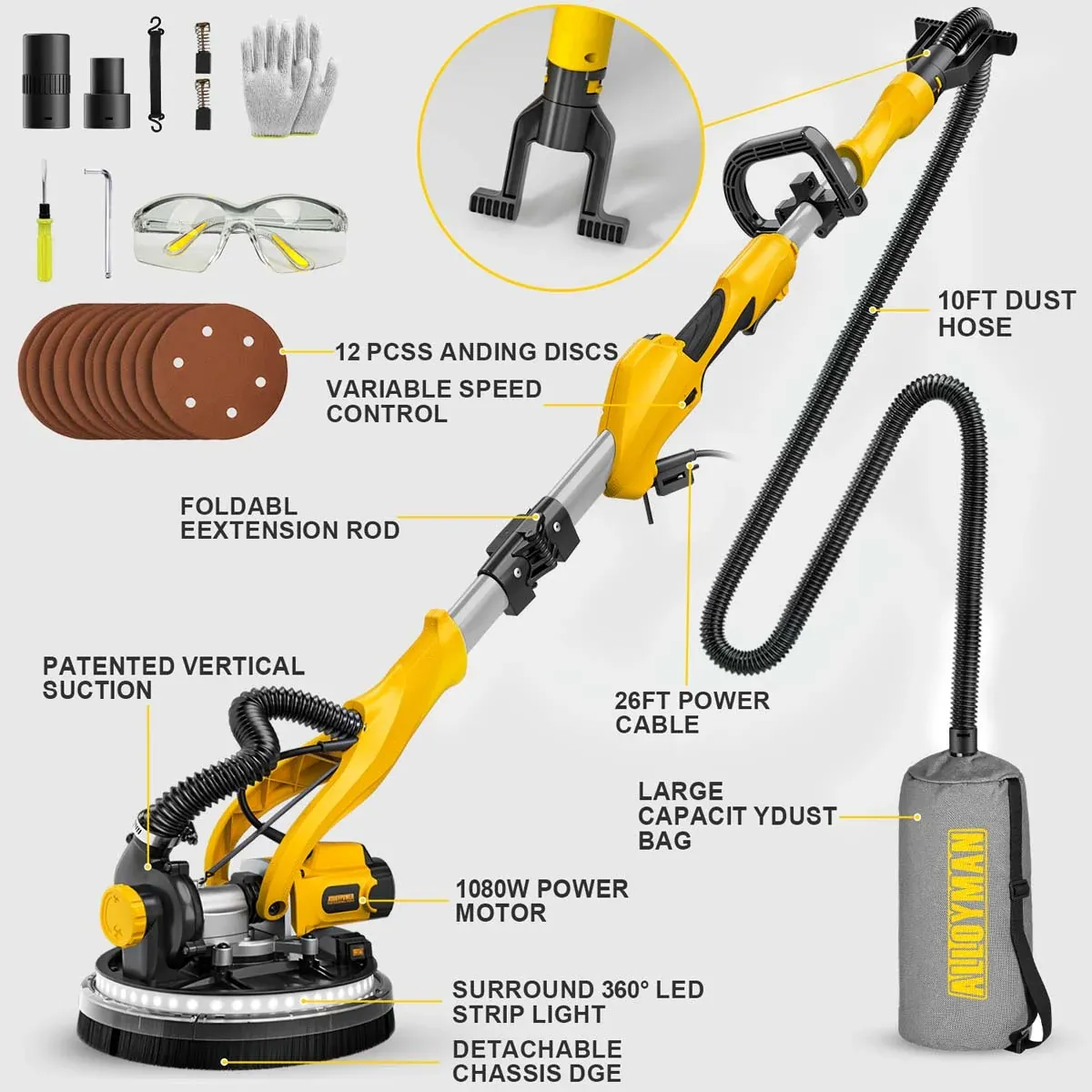 1050W Electric Drywall Sander with Vacuum, 7-Speed, 2100RPM