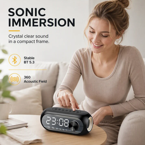 Multi‑Functional Portable Bluetooth Wireless Speaker‑ S8 Mirror Digital Alarm Clock Speaker, 360° Surround Sound Bedside Speaker with Dual Alarm & HD Mirror Display