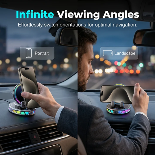 RGB Electric Car Phone Mount with Wireless Charging – Auto-Clamping & 15W Fast Charge ⚡