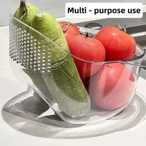 Kitchen multifunctional large - capacity drain basket made of PET material, which has multiple functions such as rice rinsing sieve, fruit and vegetable washing basin, storage basket, and water - filtering ladle, and is suitable for washing fruits and vegetables, rinsing rice, and daily draining and storage in the kitchen