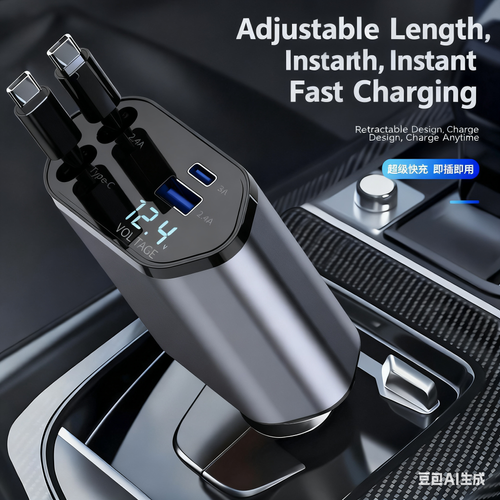 2024 New 4-in-1 USB-C Retractable Car Charger with LED Digital Display, 120W PD Super Fast Charging, Cigarette Lighter Adapter, 2 Retractable Cables for iPhone 16 & Type-C Devices, Portable Car Electronics Accessory
