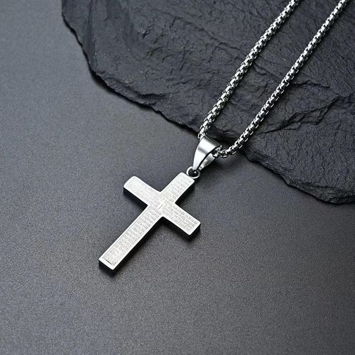 Silver men's stainless steel and titanium steel cross pendant necklace, suitable as gifts for Christian baptism and birthdays, featuring neutral style, punk retro style, unisex design, and non-fading personalized hip-hop jewelry.