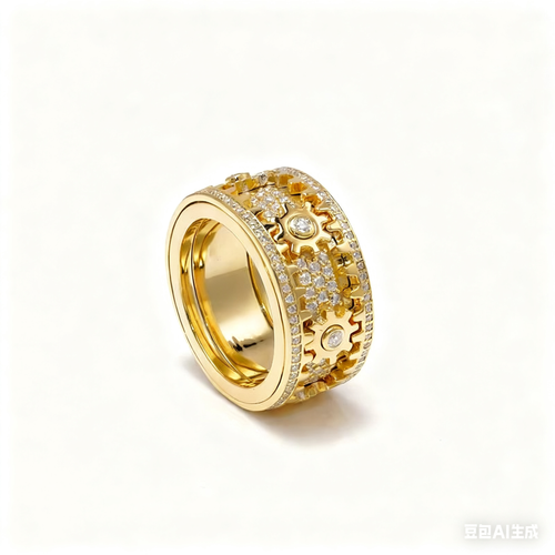 Gold-Plated Spinnable Gear Ring with Full Diamond Inlay US Sizes 6 7 8: CNC-Crafted Mechanical-Style Starry Sky Fidget Ring, Unisex Viral Couple's Stress-Relief Jewelry
