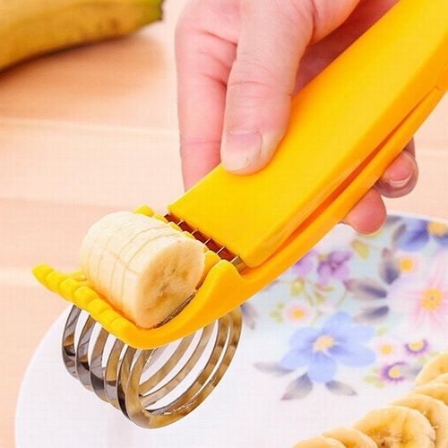 Kitchen Tool: Stainless Steel Manual Banana Slicer & Cutter with Yellow Flower Design, Also for Ham, Sausage, Vegetable & Fruit Platter