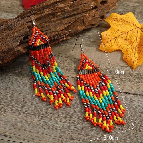 Hot-selling item! Bohemian-style colorful rice bead geometric long earrings, with bold colors, convey freedom and individuality.