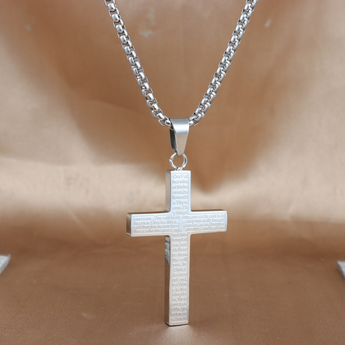 Silver men's stainless steel and titanium steel cross pendant necklace, suitable as gifts for Christian baptism and birthdays, featuring neutral style, punk retro style, unisex design, and non-fading personalized hip-hop jewelry.