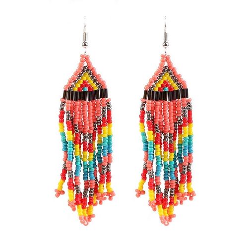Hot-selling item! Bohemian-style colorful rice bead geometric long earrings, with bold colors, convey freedom and individuality.