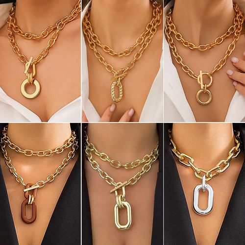 Fashionable Personalized Aluminum Chain Multi-layer Necklace for Women, Stylish Geometric Metal Buckle Clavicle Necklace