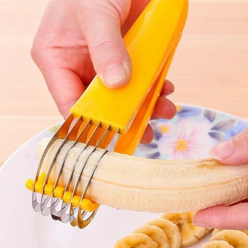 Kitchen Tool: Stainless Steel Manual Banana Slicer & Cutter with Yellow Flower Design, Also for Ham, Sausage, Vegetable & Fruit Platter