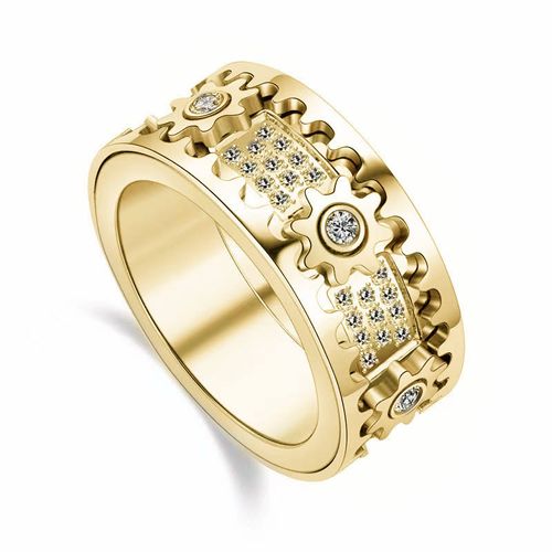 Gold-Plated Spinnable Gear Ring with Full Diamond Inlay US Sizes 6 7 8: CNC-Crafted Mechanical-Style Starry Sky Fidget Ring, Unisex Viral Couple's Stress-Relief Jewelry