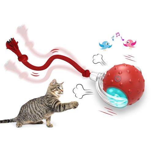 Interactive Smart Cat Toy Ball - Red, 150mAh Battery, Automatic Fast Rolling on Carpet, Chirping & Motion-Activated, Self-Play Boredom Relief for Cats & Dogs, Long-Rope Pet Toy with Hide-and-Seek Mouse Catching Game