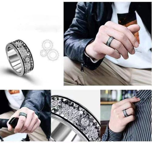 Gold-Plated Spinnable Gear Ring with Full Diamond Inlay US Sizes 6 7 8: CNC-Crafted Mechanical-Style Starry Sky Fidget Ring, Unisex Viral Couple's Stress-Relief Jewelry