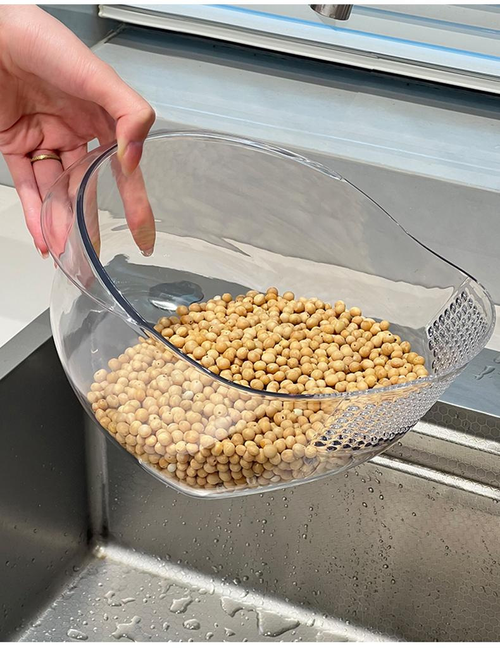 Kitchen multifunctional large - capacity drain basket made of PET material, which has multiple functions such as rice rinsing sieve, fruit and vegetable washing basin, storage basket, and water - filtering ladle, and is suitable for washing fruits and vegetables, rinsing rice, and daily draining and storage in the kitchen