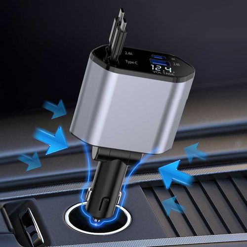 2024 New 4-in-1 USB-C Retractable Car Charger with LED Digital Display, 120W PD Super Fast Charging, Cigarette Lighter Adapter, 2 Retractable Cables for iPhone 16 & Type-C Devices, Portable Car Electronics Accessory