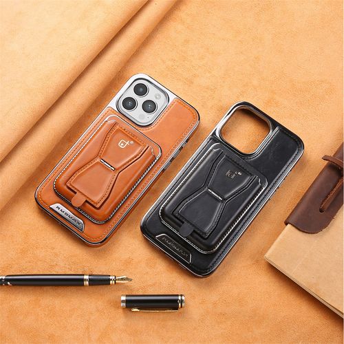 Rugged Wireless Magnetic Holder Phone Cases for iPhone 16 Pro Max 15 14 13 Men Business Leather Shockproof Cover With Card Slots