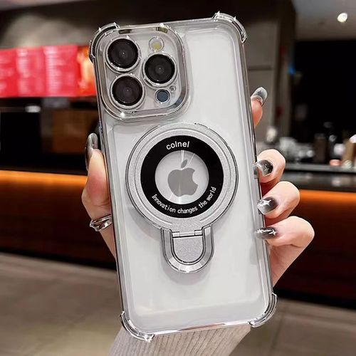 Lens Protector Corner Shockproof Cover Electroplated Clear TPU Phone Case for iPhone 16 15 14 Pro Max With Metal Ring Stand