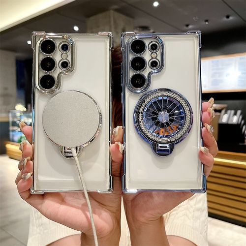 Electroplating Four Angle Anti Drop Gyroscope Bracket Phone Case for Samsung S25 S24 A14 A15 A53 A05s Shell Mobile Back Cover