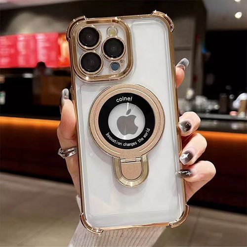 Lens Protector Corner Shockproof Cover Electroplated Clear TPU Phone Case for iPhone 16 15 14 Pro Max With Metal Ring Stand