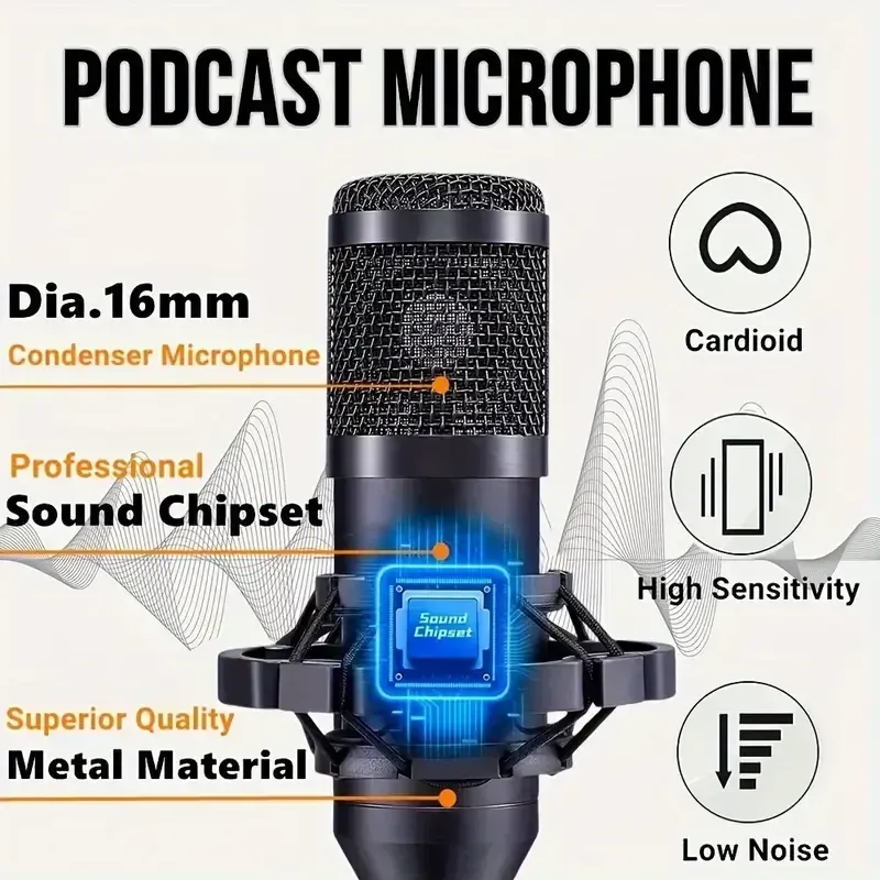 Podcast Equipment Bundle, V8s Audio Interface with All in One Live Sound Card and BM800 Condenser Microphone, Podcast Microphone, Perfect for Recording, Live Streaming