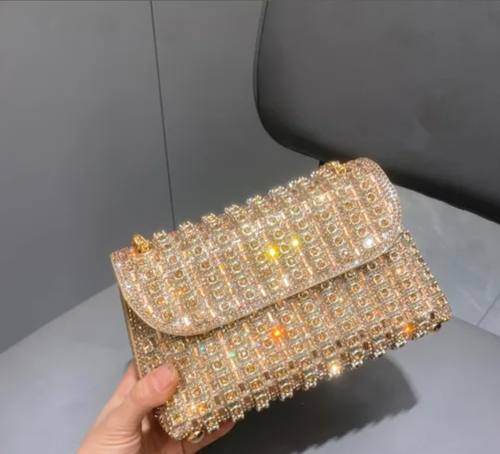 Women's diamond sequined chain crossbody clutch handbag in gold