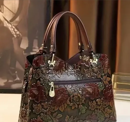 Vintage Flower Pattern Handbag, Luxury PU Leather Tote Bag, Fashion Crossbody Bag for Women