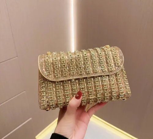 Women's diamond sequined chain crossbody clutch handbag in gold