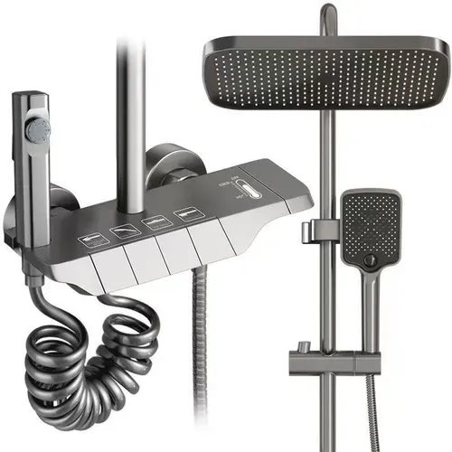 Bathroom Shower Faucet Set 4 Functions Digital Display Shower Thermostat Gray Black High Pressure Discharge Copper Taps