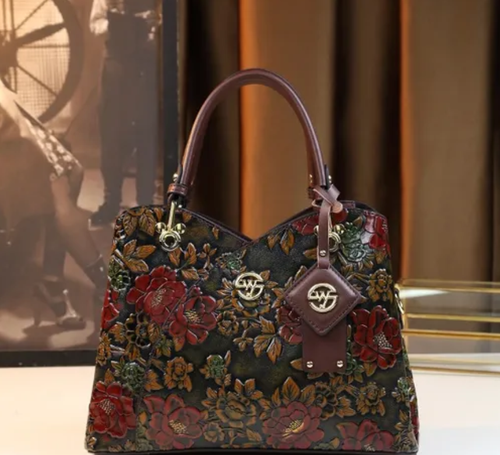 Vintage Flower Pattern Handbag, Luxury PU Leather Tote Bag, Fashion Crossbody Bag for Women
