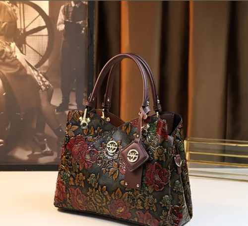 Vintage Flower Pattern Handbag, Luxury PU Leather Tote Bag, Fashion Crossbody Bag for Women