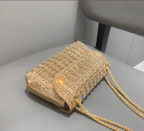 Women's diamond sequined chain crossbody clutch handbag in gold
