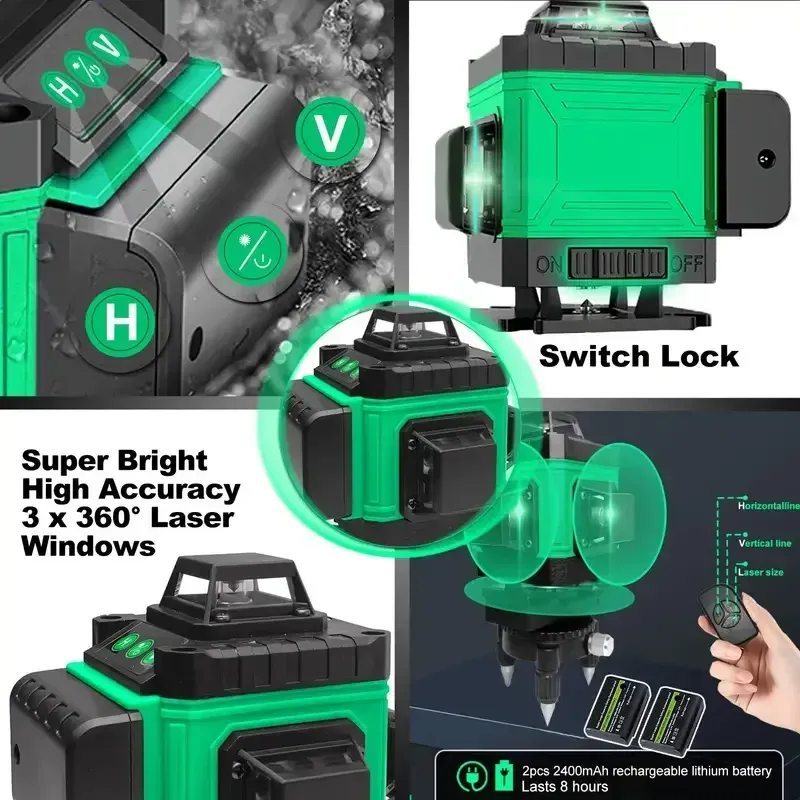 16 Lines 4D Laser Level - 360° Self-Leveling Rotary Cross Line Measure with 2 Batteries for Accurate Distance and Angle Measurements