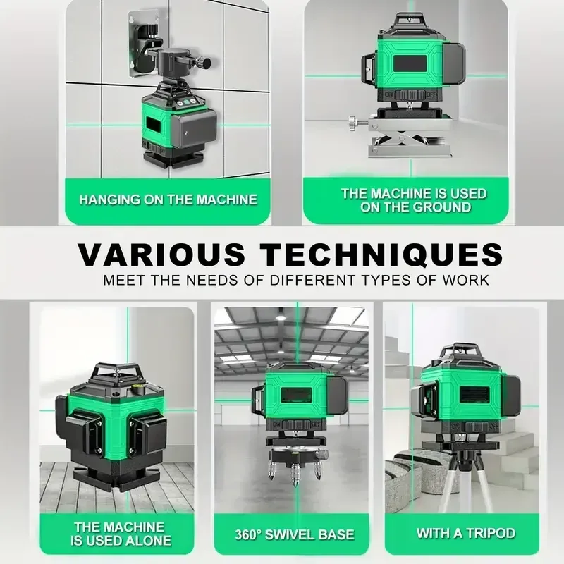 16 Lines 4D Laser Level - 360° Self-Leveling Rotary Cross Line Measure with 2 Batteries for Accurate Distance and Angle Measurements