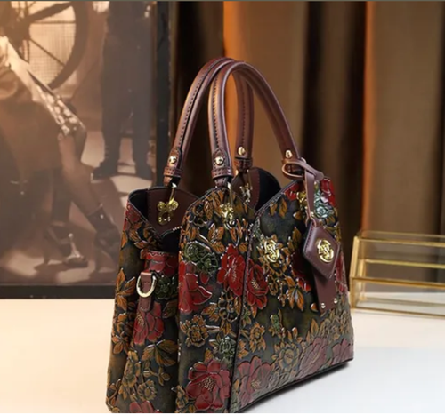 Vintage Flower Pattern Handbag, Luxury PU Leather Tote Bag, Fashion Crossbody Bag for Women
